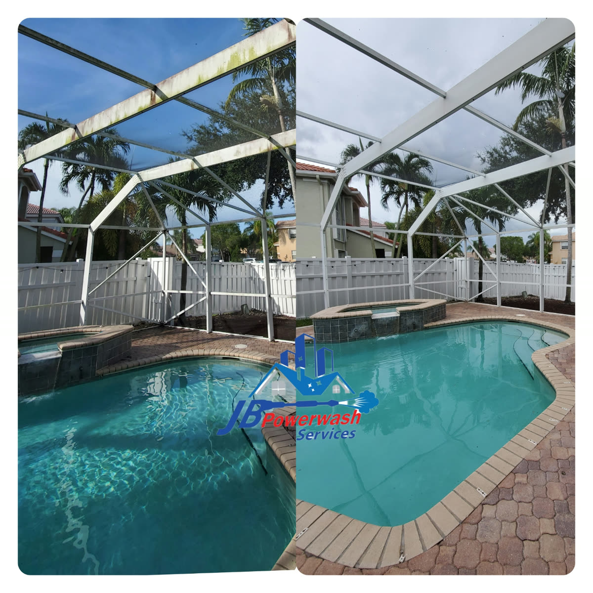 Pool enclosure and deck cleaned by JB Powerwash